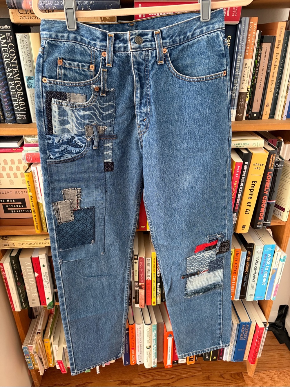 One of a kind vintage orange tab 602 Levi’s with custom patchwork 30x30